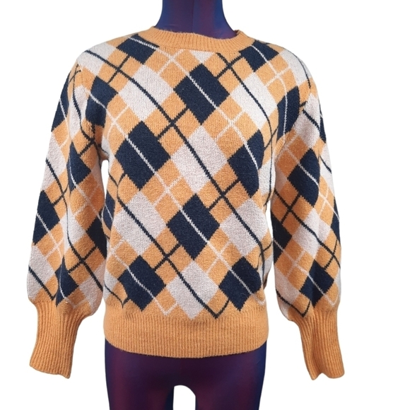 Free Assembly Argyle Balloon Sleeve Sweater Gold and Navy Size Small Women's - Picture 8 of 8